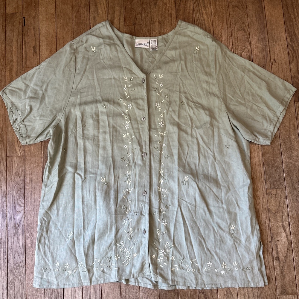 Vintage Fashion Bug Green Floral Embroidered Blouse 22/24W Linen Short Sleeve‎